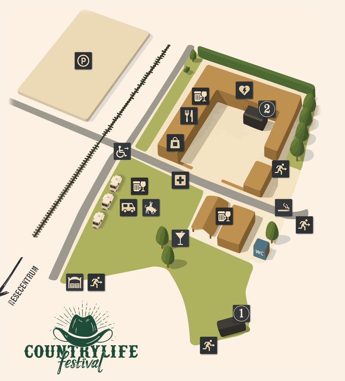 Karta över Countrylife Festivals område med scener, barer, mat, toaletter och nödutgångar.